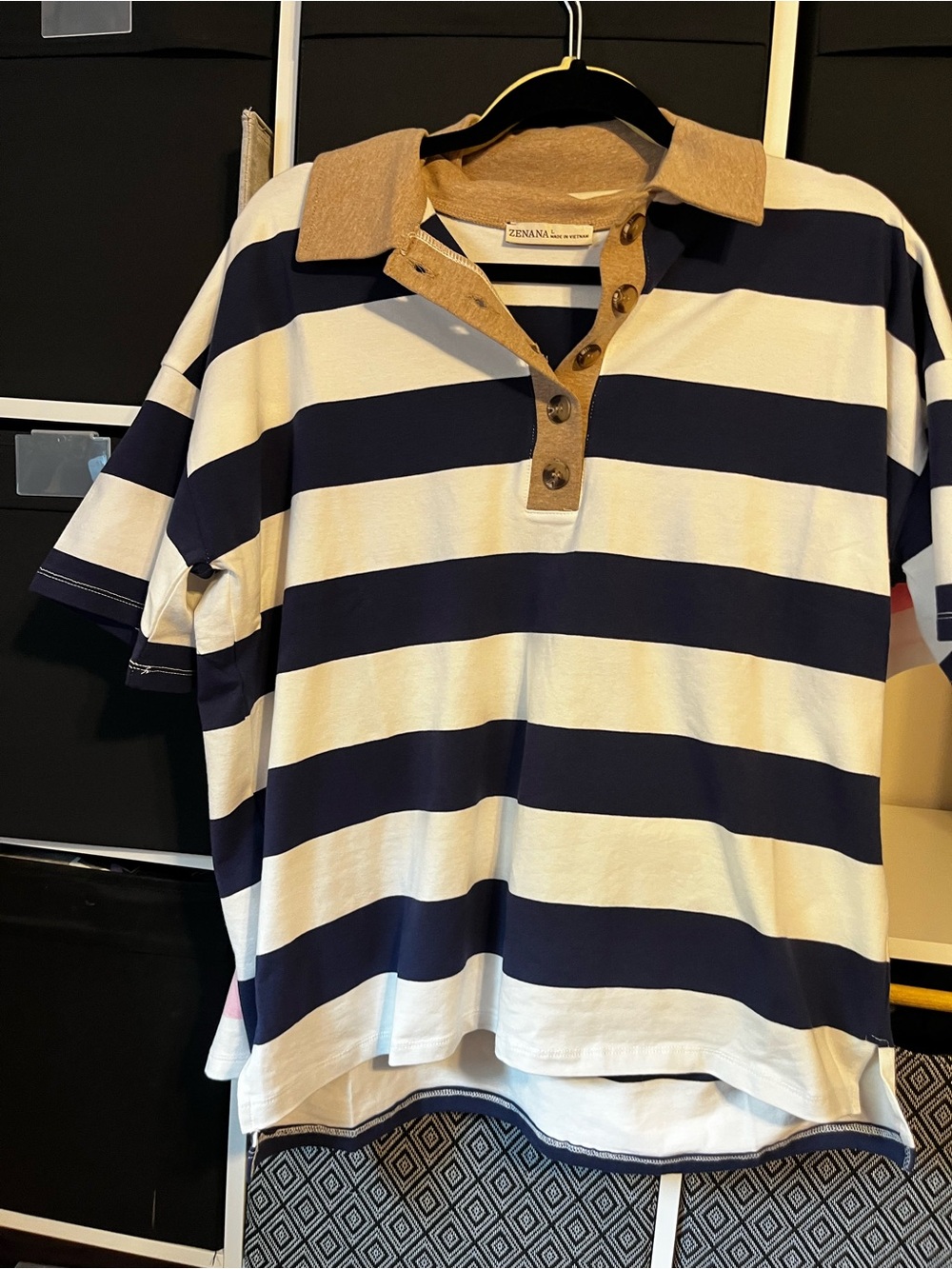 Zenana Outfitters Navy and Cream Striped Polo with Tan Collar